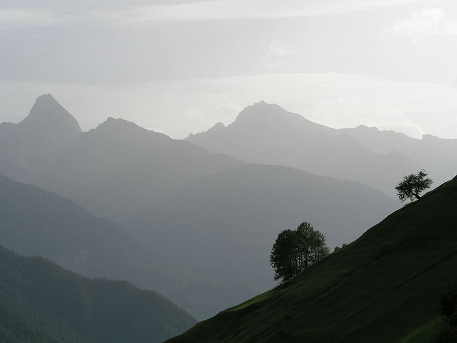 Switzerland, Mountains, Alpine, Tree, mountain panorama, hazy HD wallpaper