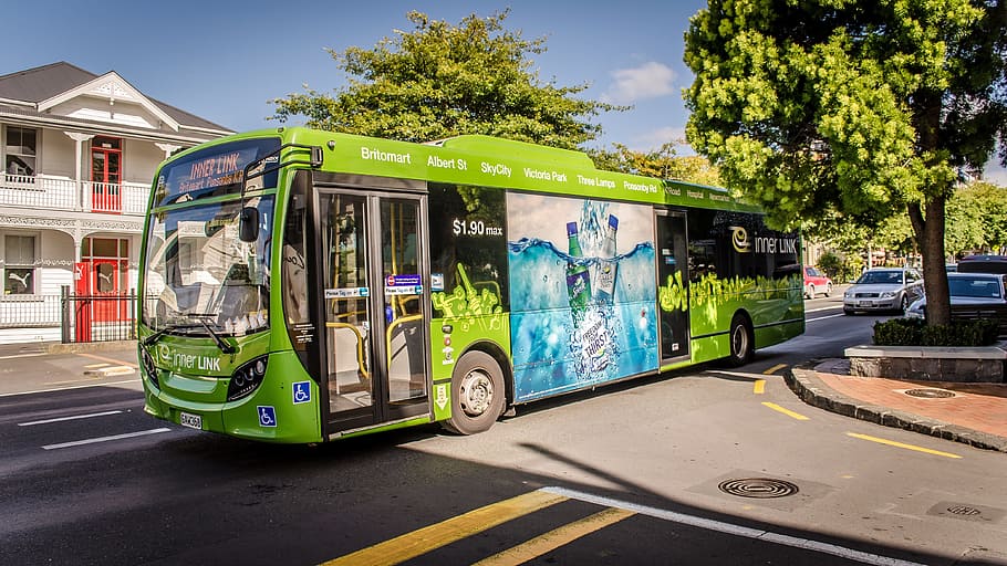 parked green bus, Collective, City, urban, transportation, street, HD wallpaper