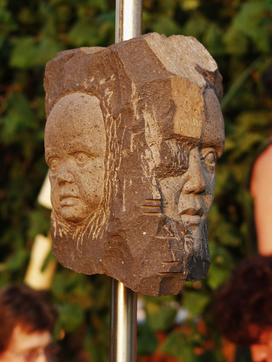 art, stone heads, faces, focus on foreground, close-up, human representation HD wallpaper