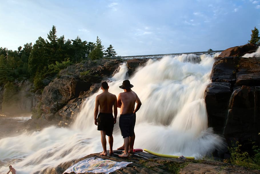 waterfall, stream, men, vacation, enjoying, scenics - nature HD wallpaper