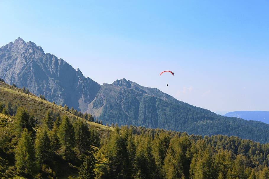 red parachute above green trees at daytime, person doing para gliding above green leafed trees under blue sky at daytime HD wallpaper