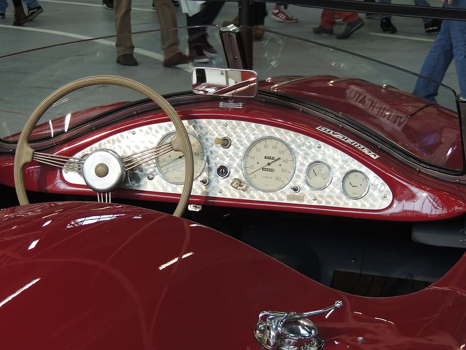 auto, era, dashboard, mode of transportation, car, red, land vehicle HD wallpaper