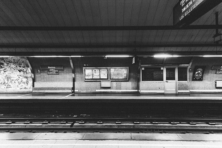 Lost in Madrid, grayscale photography of train station, railway HD wallpaper