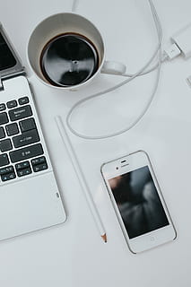 Laptop computer on white desk, interior, minimal, workspace, workplace HD wallpaper