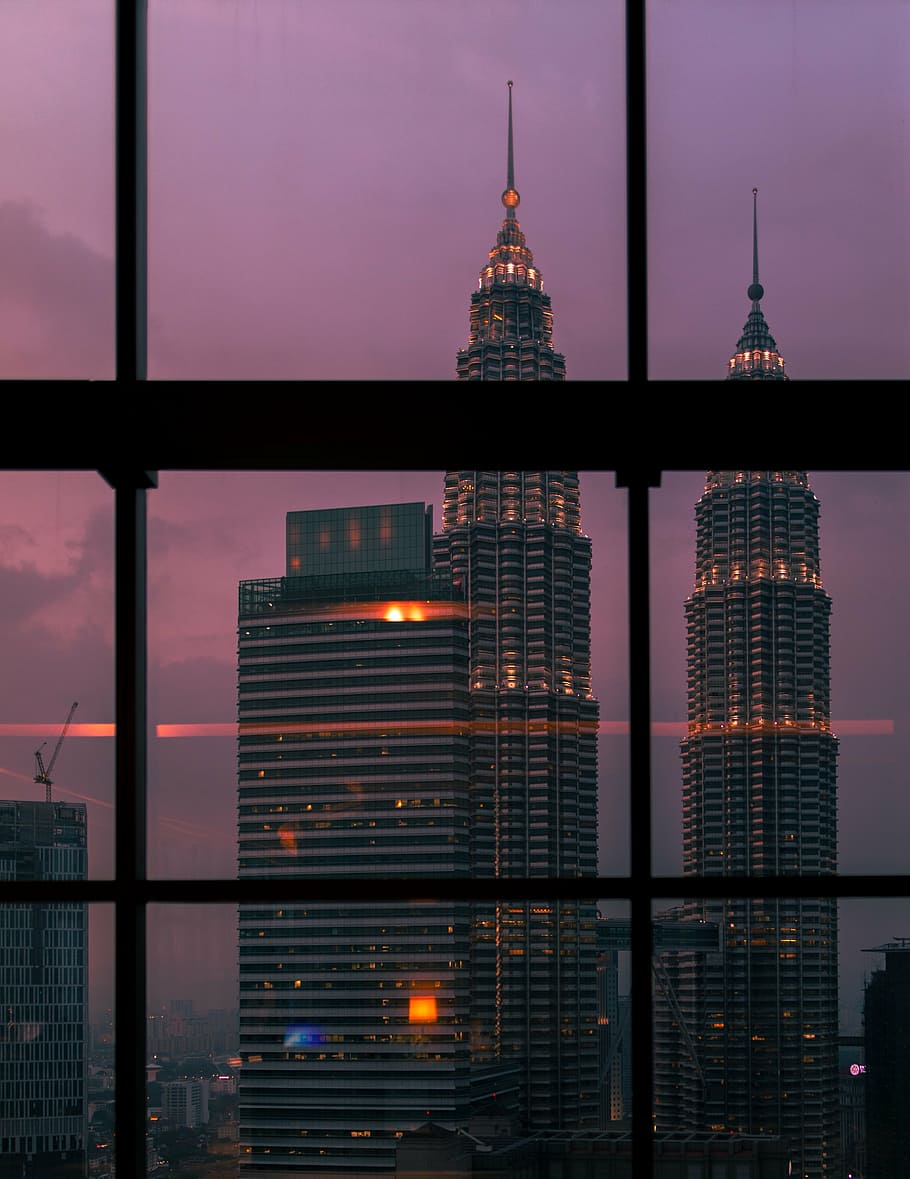 two tower buildings during nighttime, architecture, infrastructure HD wallpaper