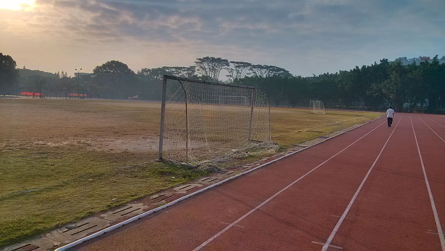 athletic track, sunrise, playground, sky, sport, plant, tree HD wallpaper