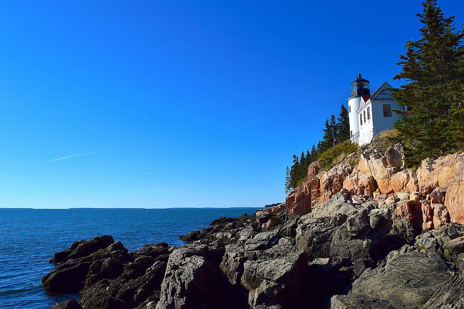 lighthouse, rocks, trees, shoreline, ocean, pine trees, maine HD wallpaper