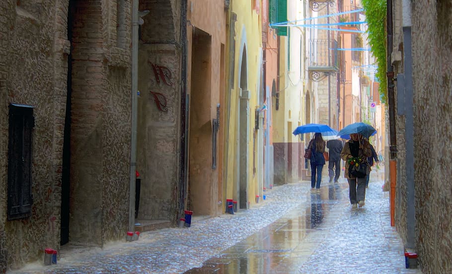person holding umbrellas between houses, Blue, Water, rain HD wallpaper