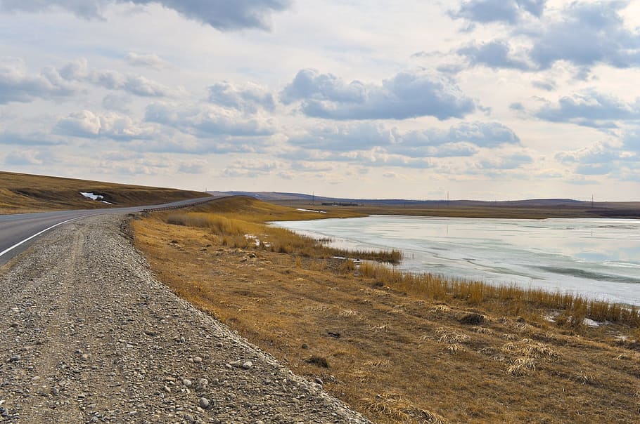 Clouds, Reeds, Sky, Lake, Yellow, Water, grass, road, nature HD wallpaper