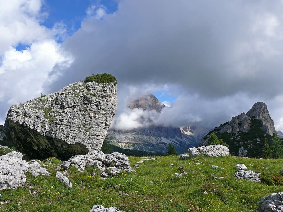 Mountains, Dolomites, Clouds, cloud - sky, rock - object, outdoors HD wallpaper