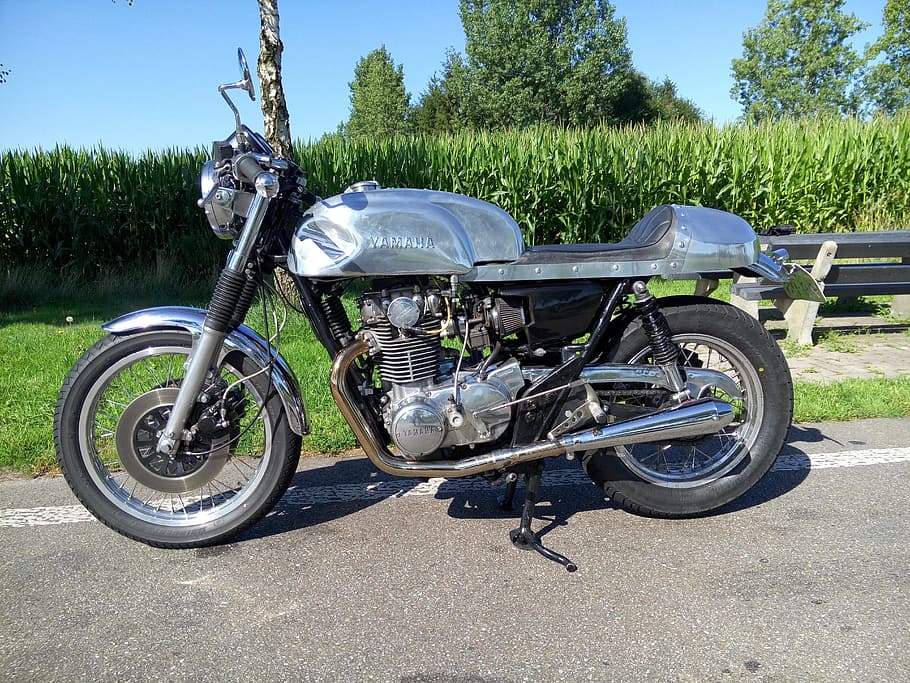 caferacer, motor, oldtimer, yamaha, classic, bike, silver, countryside HD wallpaper