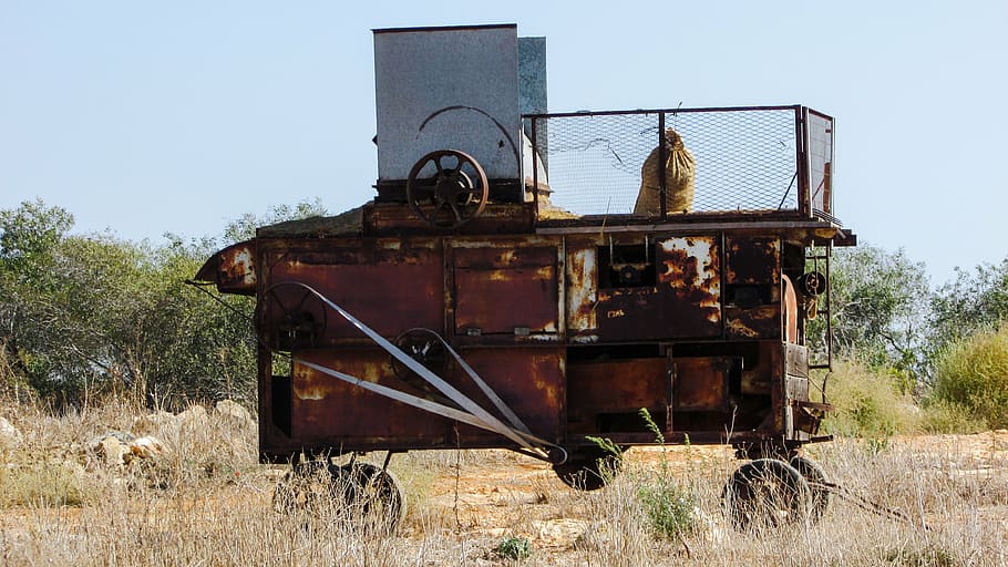 packing machine, old, rusty, abandoned, agriculture, rural HD wallpaper
