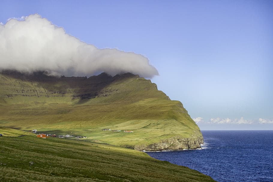 Clouds, Faroe Islands, blue, green, moutain, sea, scenics, nature HD wallpaper