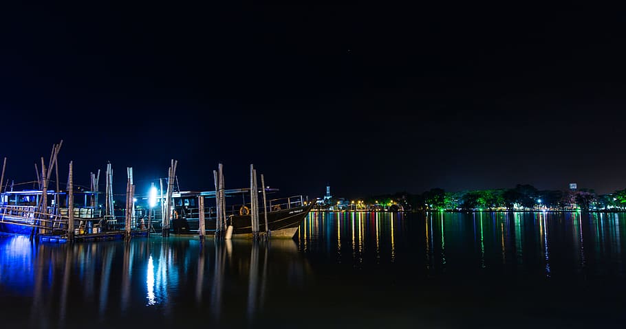 sky, city, panoramic, reflection, light, river, boat, landscape HD wallpaper