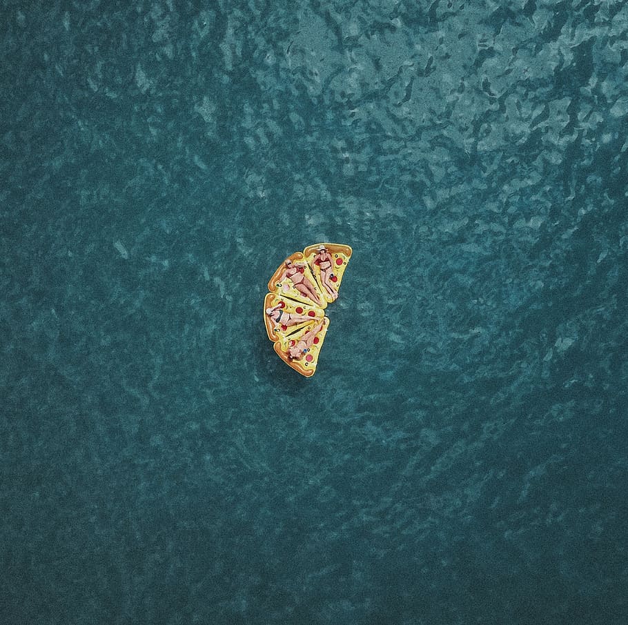 four pizza inflatable buoy, pizza toy on teal surface, water HD wallpaper