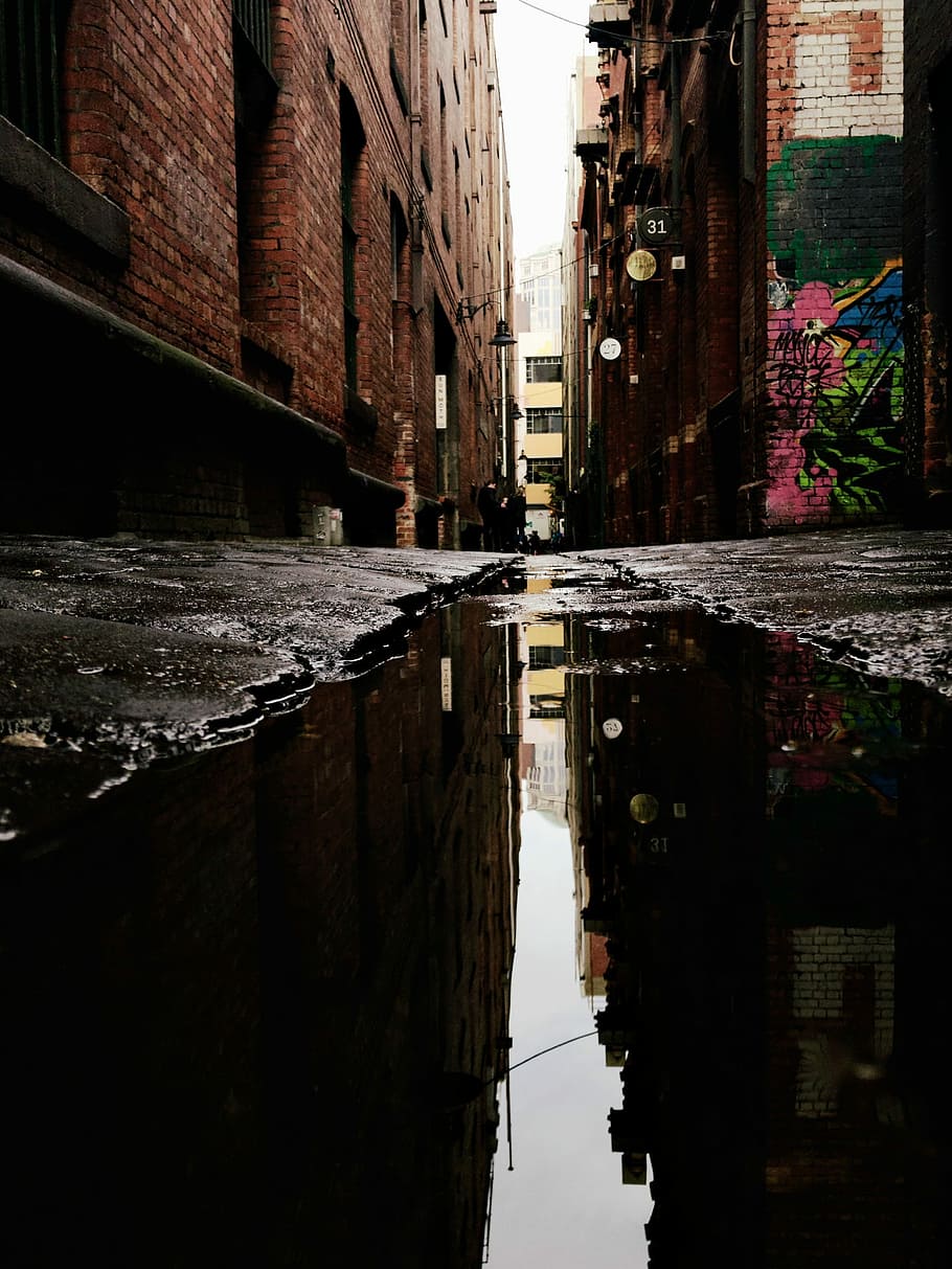 puddle on road, close-up photography of stagnant water on concrete pavement between brown bricked buildings during daytime