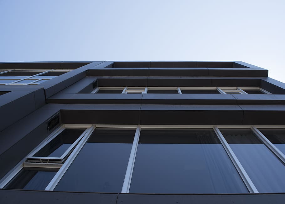 bottoms view of building, wall, glass, up, sky, skyward, light HD wallpaper