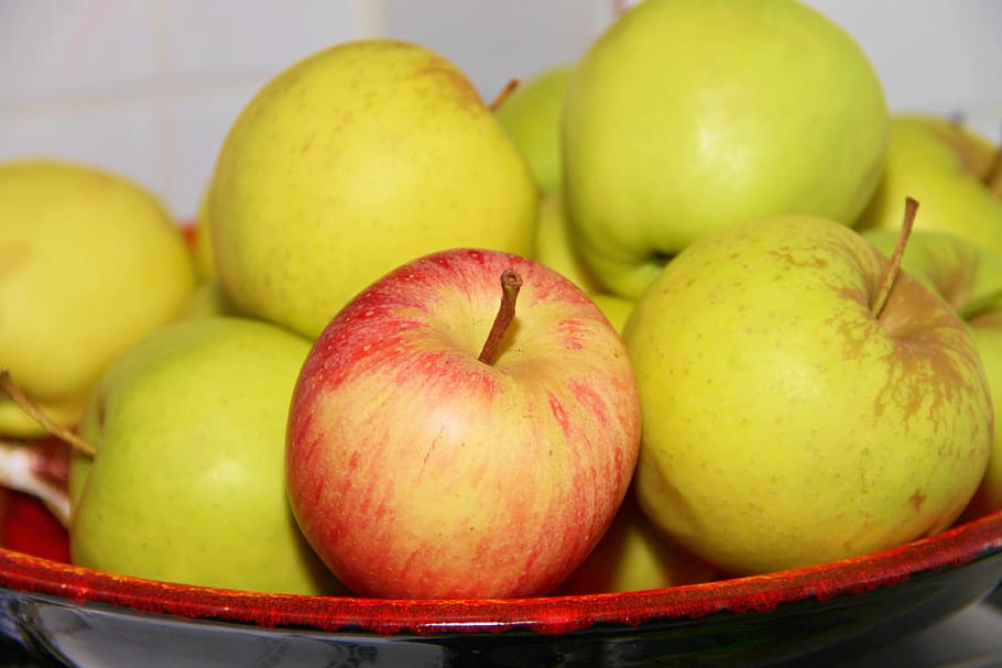 green-and-red apples, fruit, fruit bowl, fruits, healthy, frisch, HD wallpaper