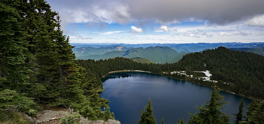 calm body of water near trees during daytime, aerial photography of lake surrounded with trees HD wallpaper