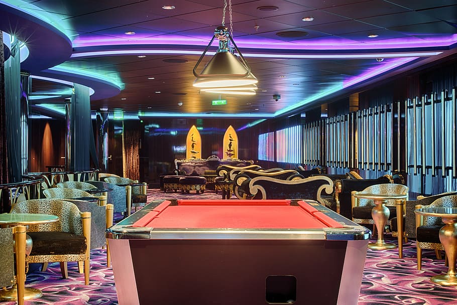 empty red and brown pool table, bar, billiards, snooker, entertainment, HD wallpaper