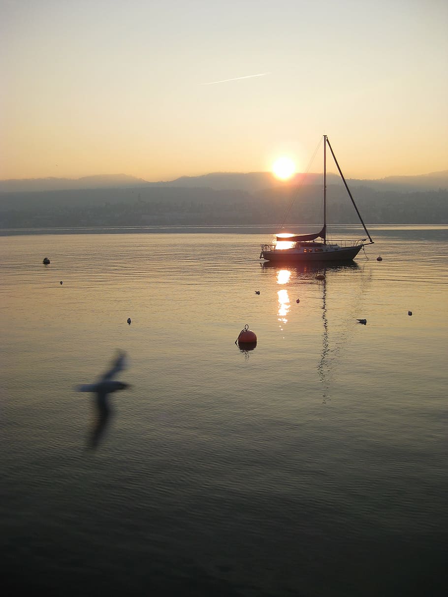 lake, sunset, abendstimmung, boot, sailing boat, sea, nautical Vessel HD wallpaper