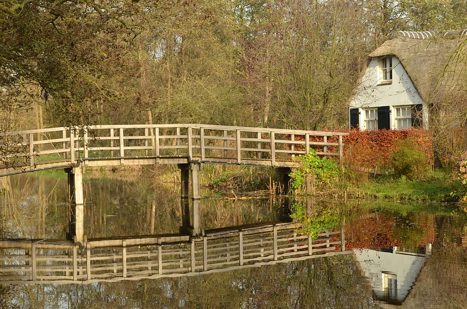 reflection of bridge on water near house, winter, ankeveen HD wallpaper