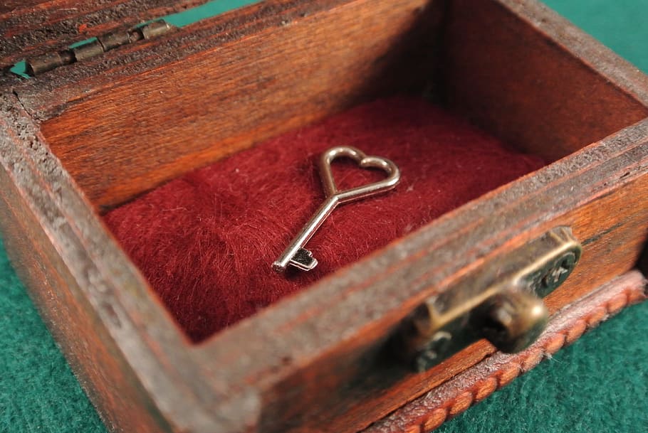 brown wooden box with stainless steel skeleton key, open, castle