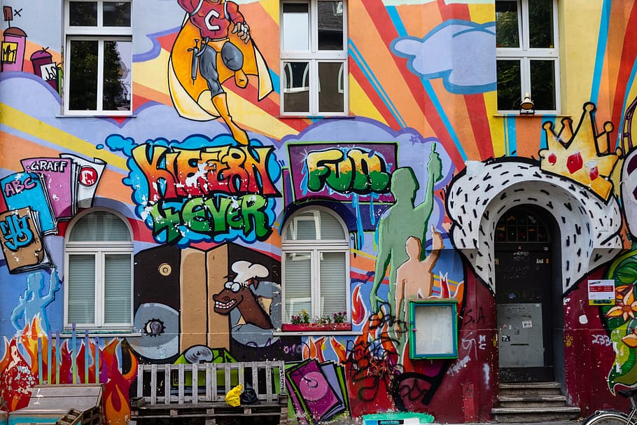 grafitti, düsseldorf, pine street, flingern, house, colorful, HD wallpaper