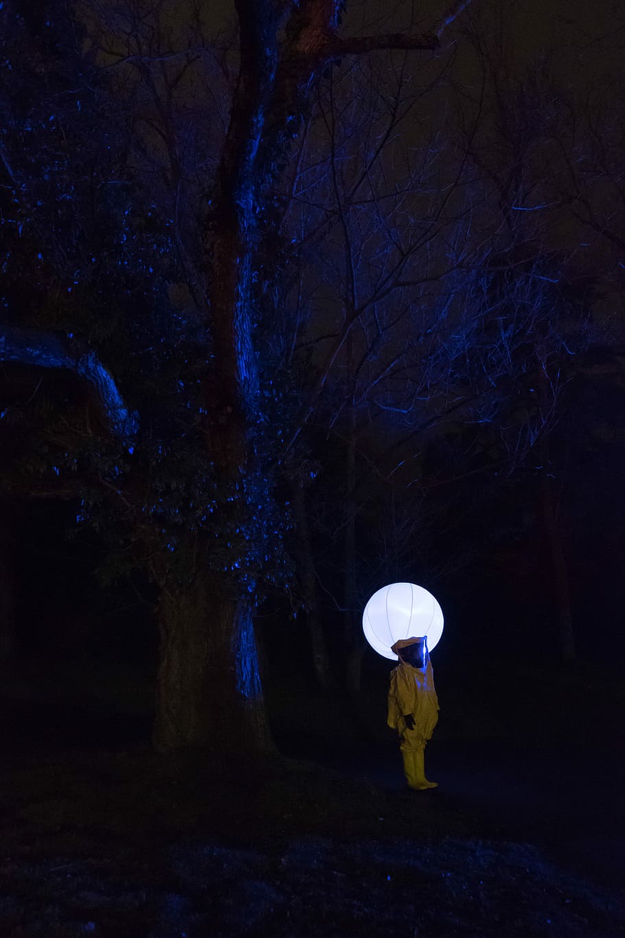 person in white outfit standing under leafless tree at nighttime, person wearing hazmat suit standing near tree, HD wallpaper