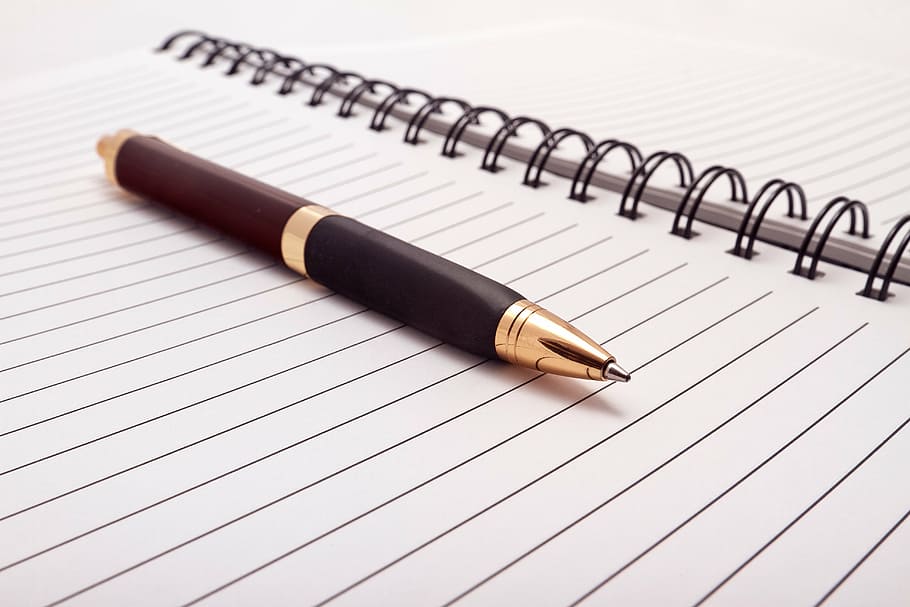 brown ballpoint pen on white paper, office, diary, notebook, work, HD wallpaper