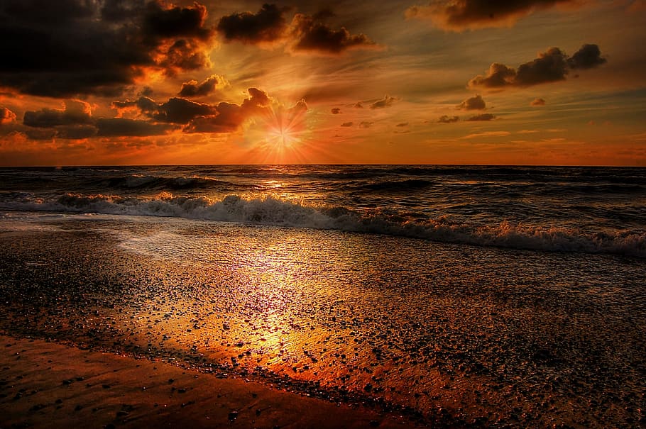 sea, dawn, landscape, nature, afterglow, beach, clouds, coast HD wallpaper