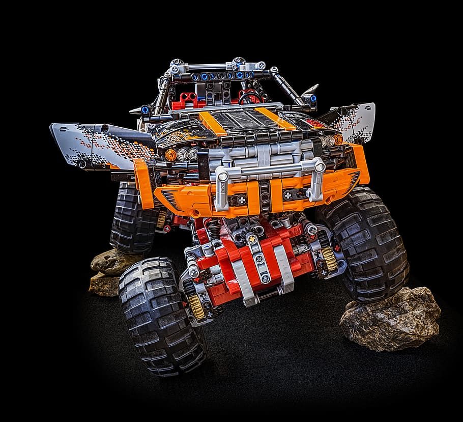 orange and multicolored monster truck, lego technic, technology