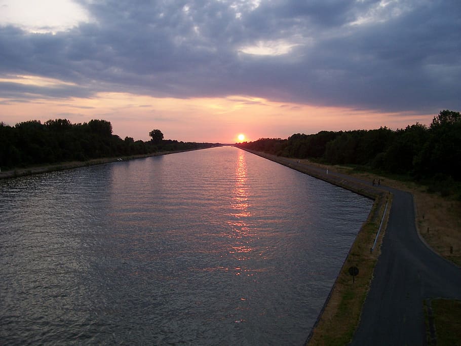 Albert Canal at Sunset near Hasselt, Belgium, clouds, landscape HD wallpaper