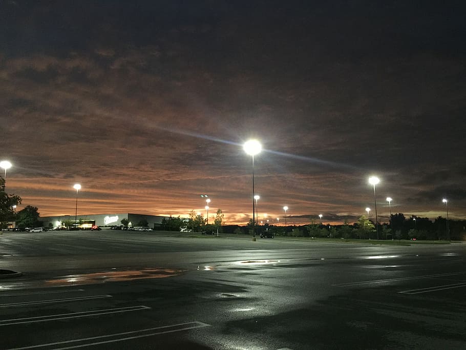 parking lot, empty, asphalt, illuminated, street, night, street light, HD wallpaper