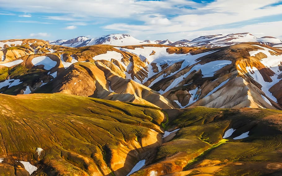 green mountain filled of snow, iceland, mountains, sky, clouds HD wallpaper