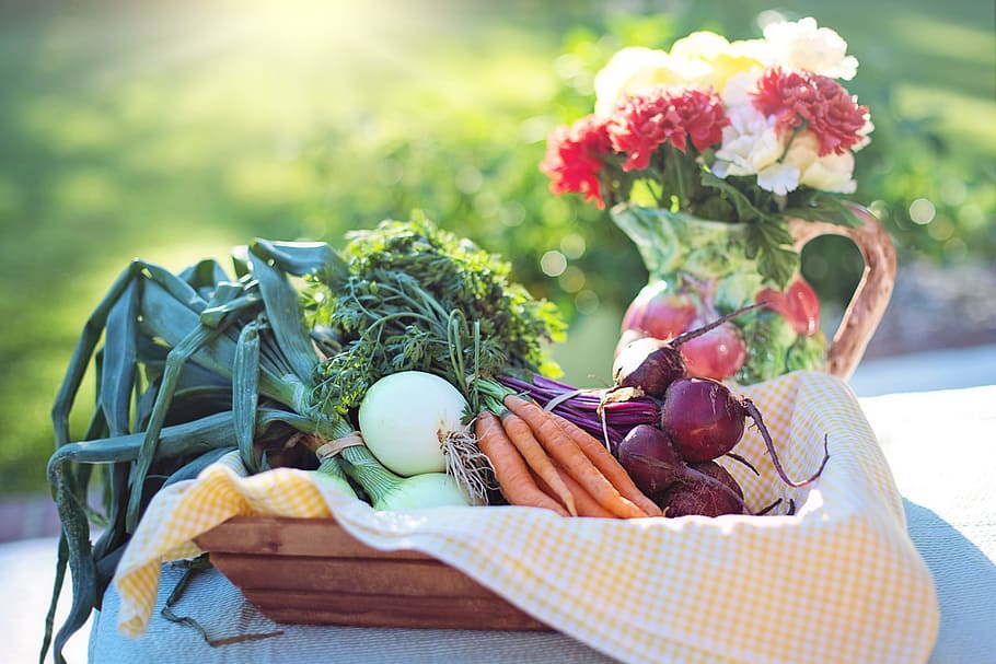 vegetables and floral arrangement during daytime, variety, in a basket HD wallpaper