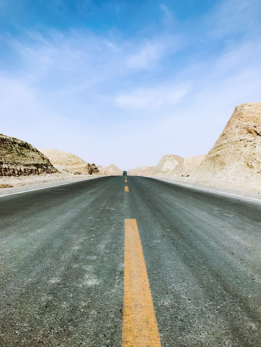 highway, distance, blue sky, the way forward, road, direction HD wallpaper