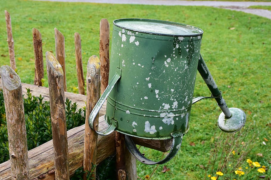 green steel watering can on brown wooden fence, garden fence