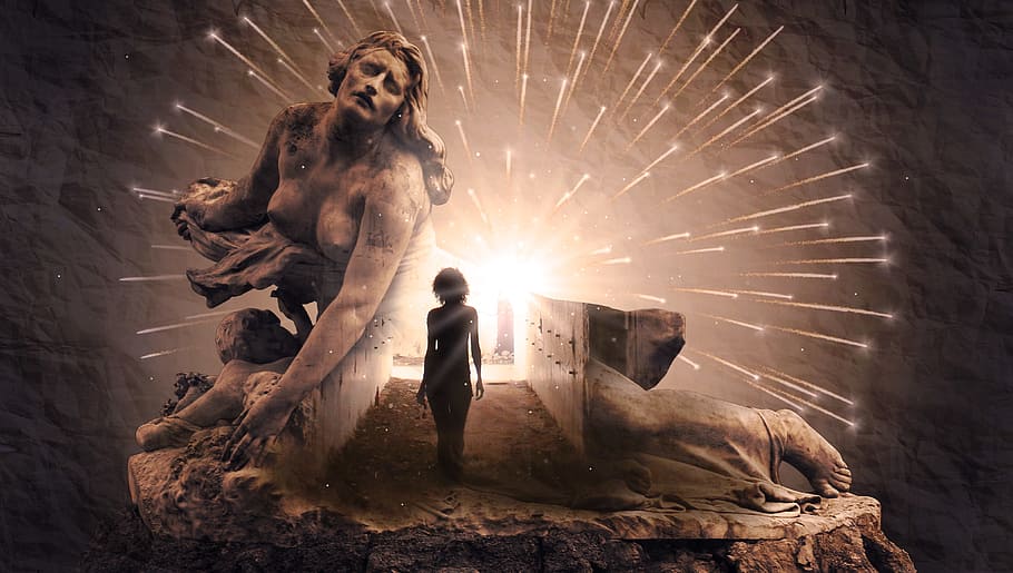 woman in a cave poster, fantasy, light, explosion, monument, statue