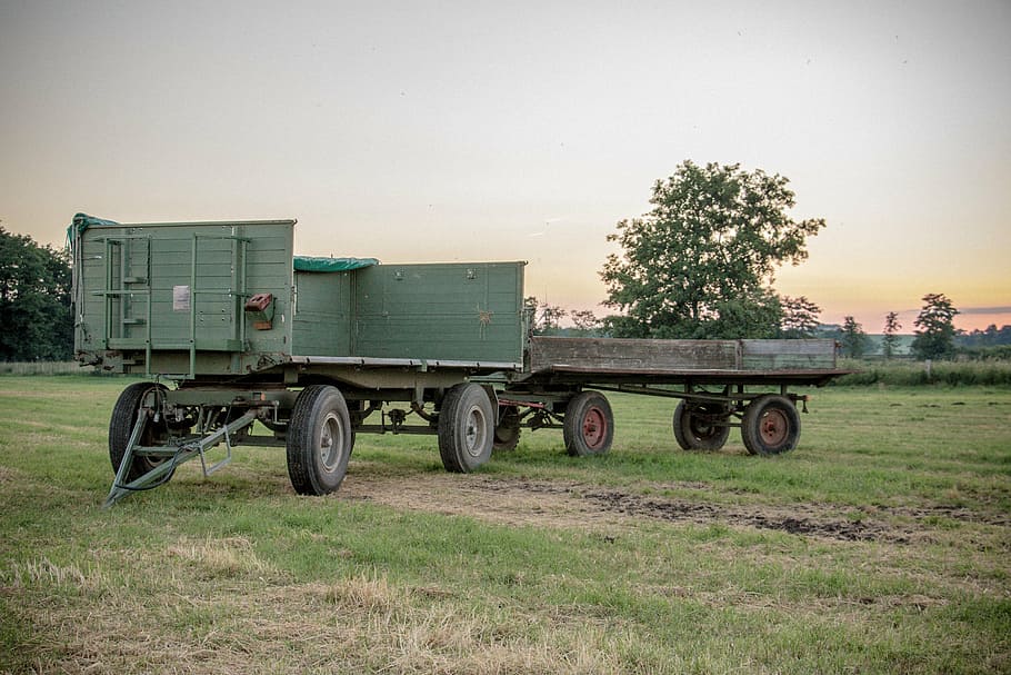trailers, field, fieldwork, meadow, agriculture, tractor, nature HD wallpaper