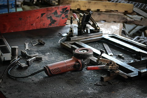 gray angle grinder on workbench, tools, workshop, machinery HD wallpaper