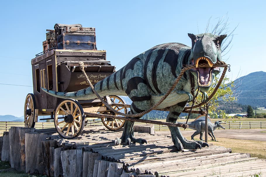 gray dinosaur, stagecoach, t-rex, tyranasaurus, fantasy, park, HD wallpaper