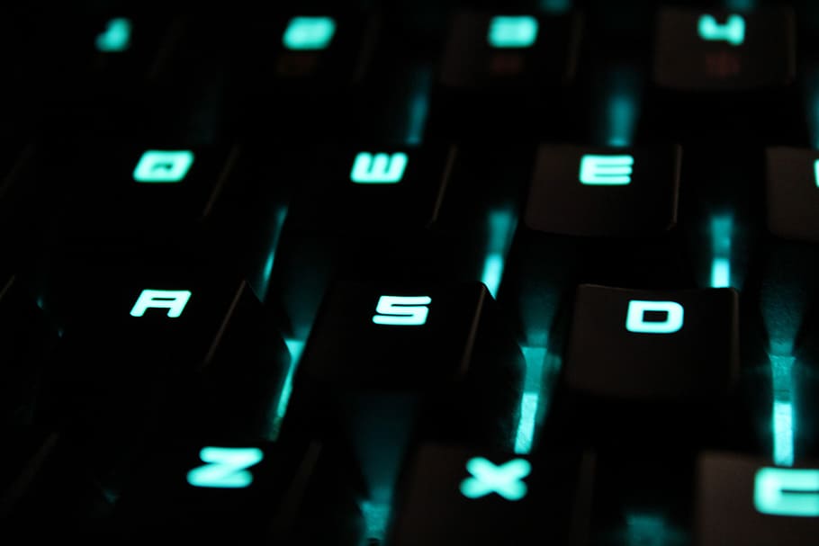 black gaming keyboard, teal and black LED computer keyboard, letter