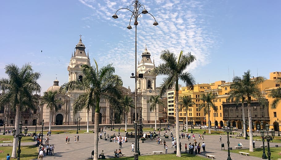group of people near cathedral, Lime, Peru, Plaza De Armas, Heritage, HD wallpaper