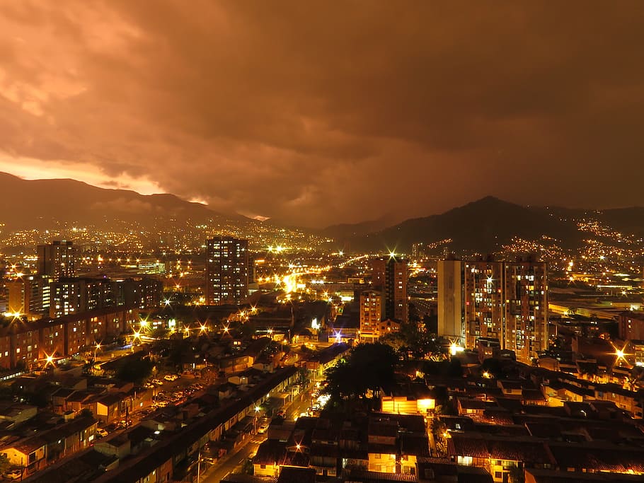 photo of illuminated city, Medellín, Sunset, urban landscape, HD wallpaper