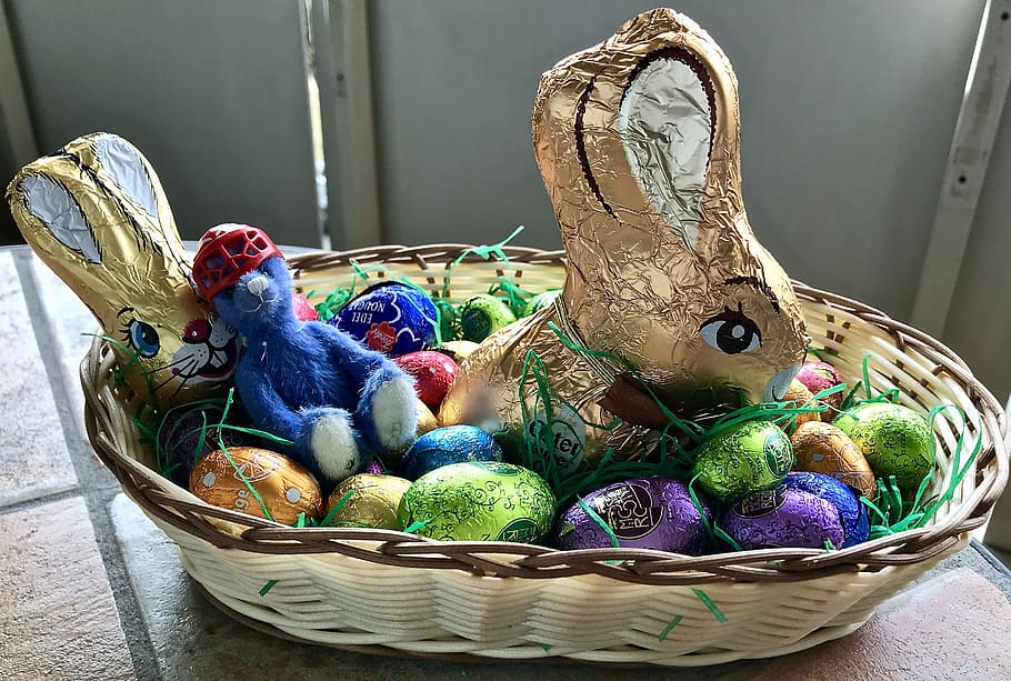 easter, basket, hare, rabbit, container, easter egg, multi colored HD wallpaper