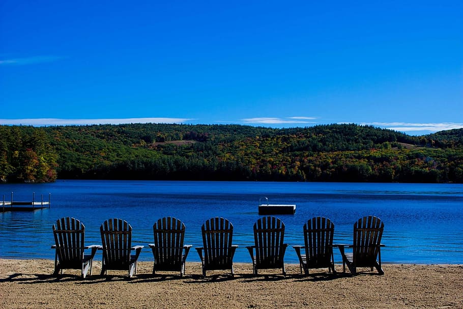 beach, lake, chairs, sky, blue, serene, nature, outdoors, water HD wallpaper