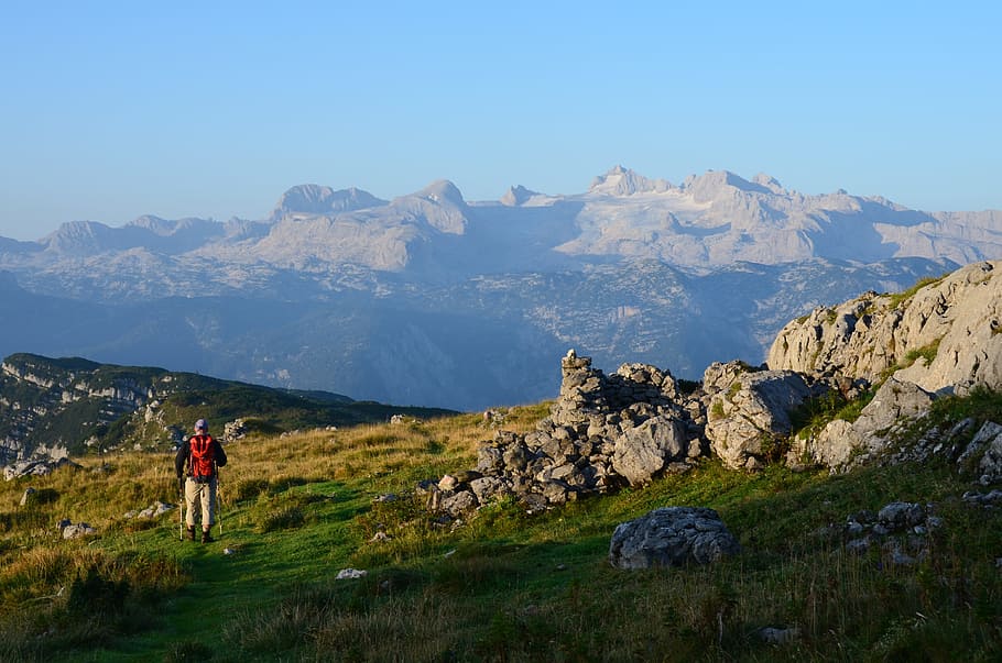 dachstein, mountains, view, outlook, alpine, hike, wanderer HD wallpaper