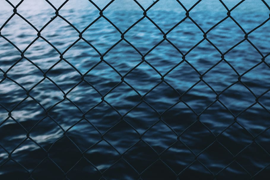 body of water in front of chain link fence, closeup photo of fence HD wallpaper