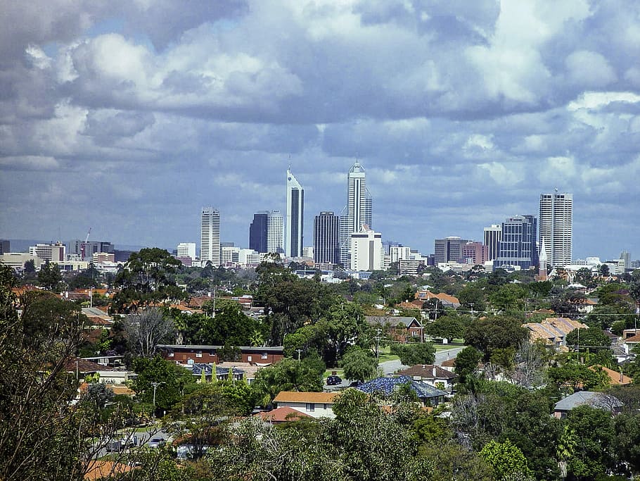 Skyline and Cityscape view of Perth, Australia, buildings, clouds, HD wallpaper
